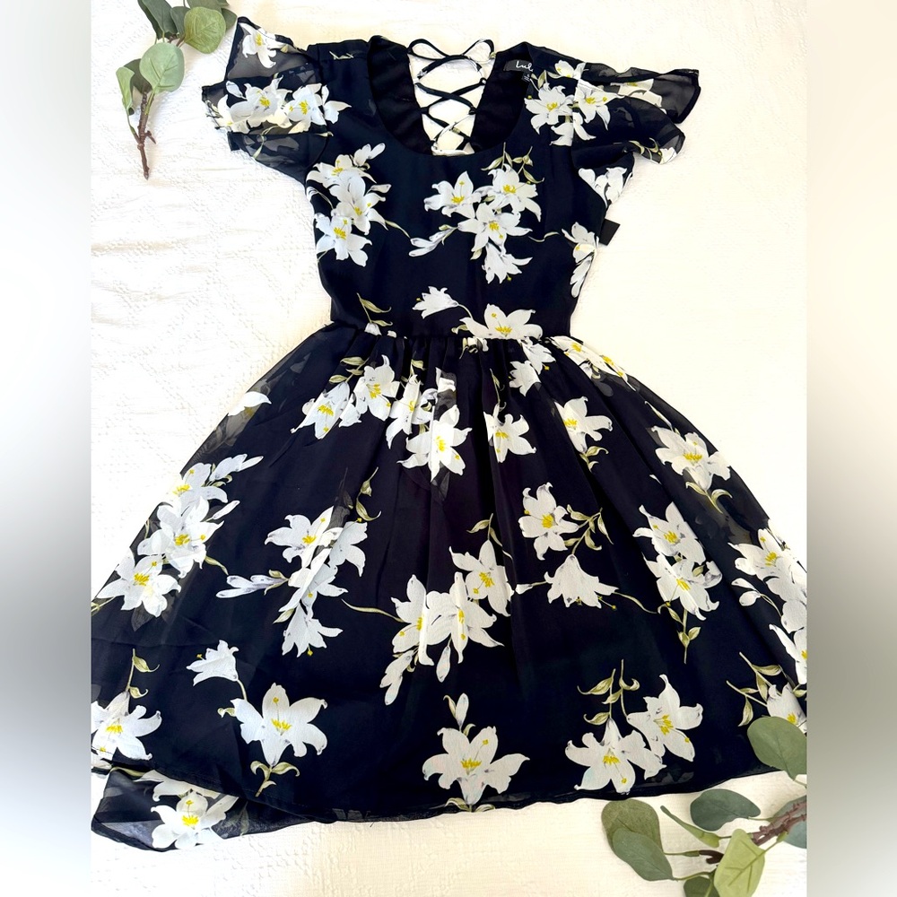 Lulus Black Floral Chiffon Open Back Cocktail Dress